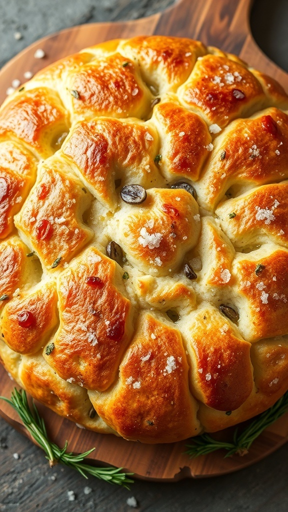 Golden brown round focaccia bread with dimples, topped with herbs and sea salt on a wooden board.